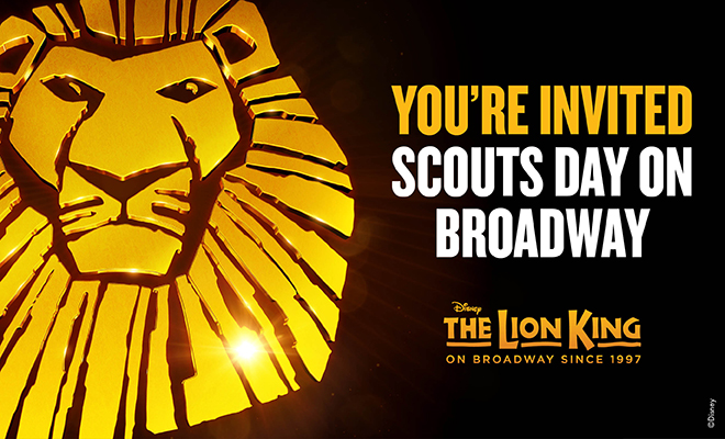You're Invited Scouts day on Broadway at THE LION KING. Black background with Simbas mask in gold with a glare from the sun. 