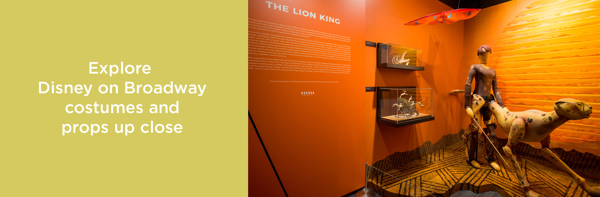 Explore Disney on Broadway Costumes and props up close with image of THE LION KING cheetah costume on display.