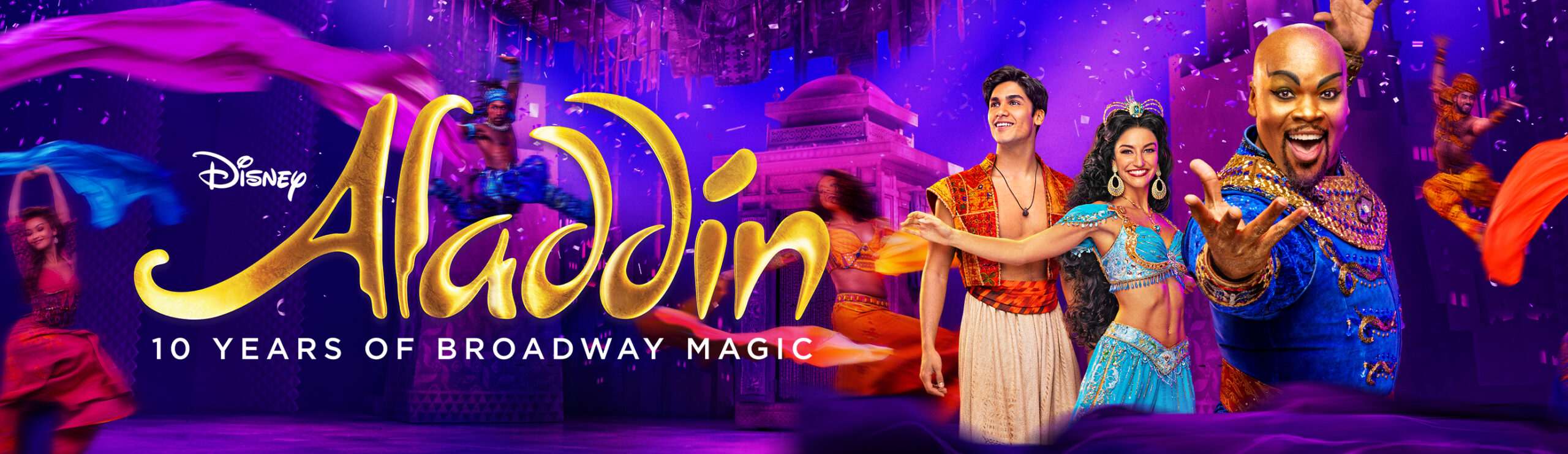 Aladdin 10 years of Broadway magic logo against a picture of the stage and jasmine, aladidn and the genie.